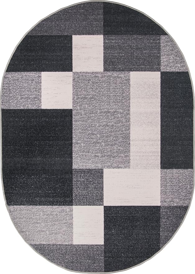 Rugshop Gray Modern Geometric Boxes Non-Slip Area Rug Non-Shedding for Dining Area, Bedroom and Living Room, 5' x 7' Oval