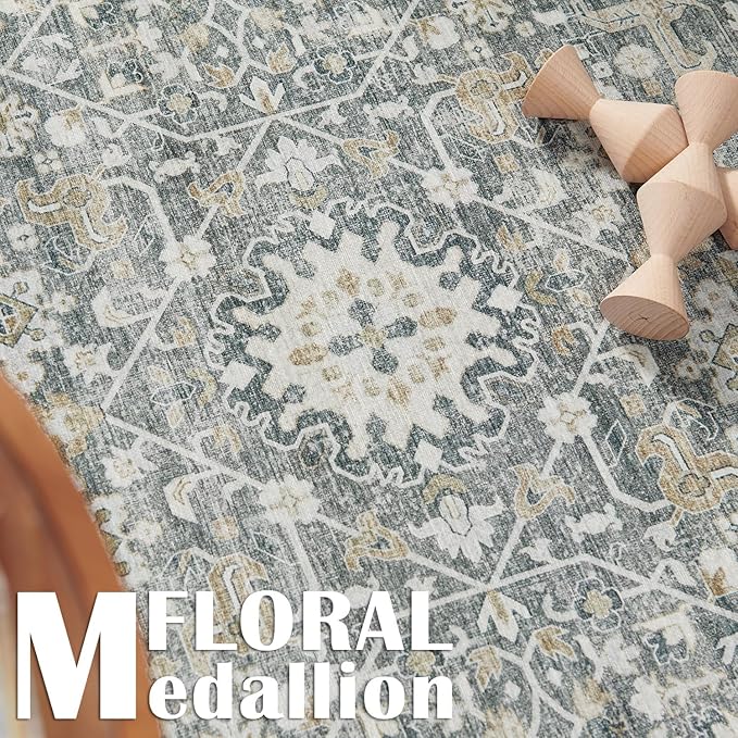 jinchan Area Rug 8x10 Washable Living Room Rug Vintage Distressed Gray Multi Floral Floor Cover Indoor Mat Retro Carpet Bedroom Kitchen Office Farmhouse Grey