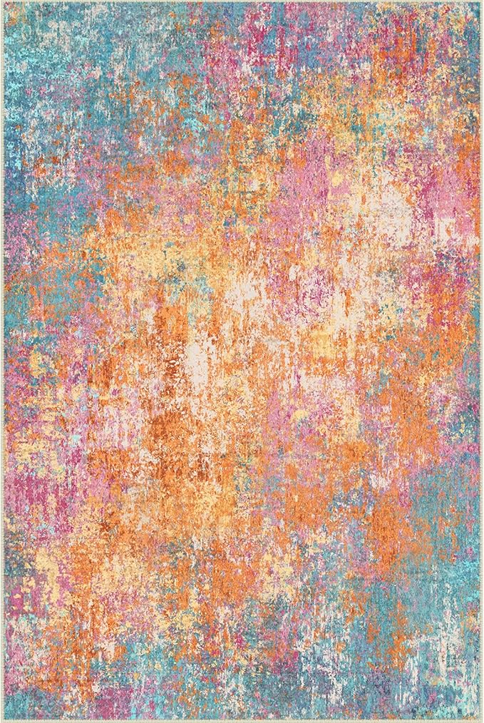 Washable Area Rugs 9'x12' Non-Slip Modern Abstract Soft for Living Room Entryway Bedroom Nursery, Print Pattern, Orange Blue Pink Yellow Colorful