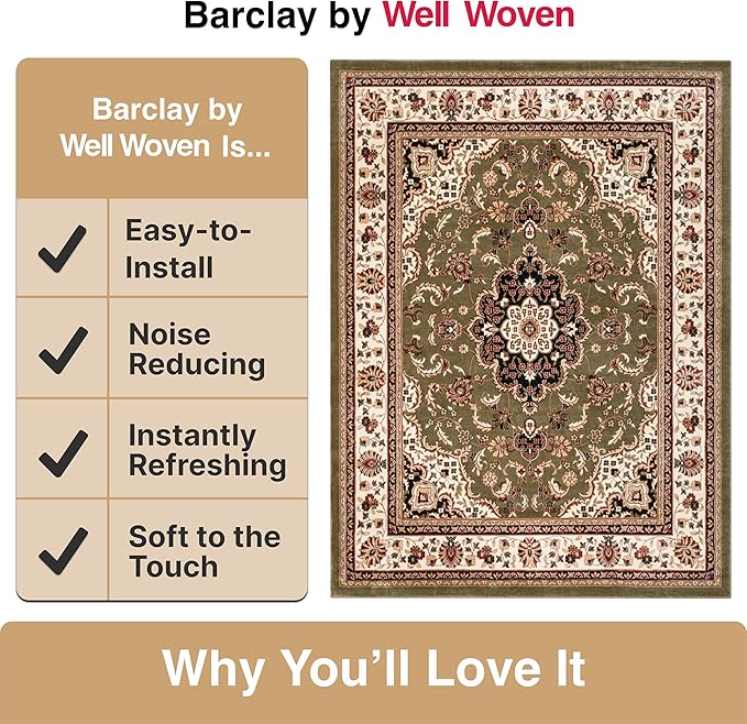 Well Woven Barclay Collection Medallion Kashan Green 5x7 Area Rug - for Living Room, Bedroom, and Dining Room