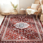 Luxury 5' x 7' Red Washable Area Rugs, Boho Low Pile Easy Clean Non-Slip Rug, Floral Medallion Pattern Vintage Rugs for Living Room, Dinning Room, Office, Bedroom, Bathroom, Laundry Room, Farmhouse