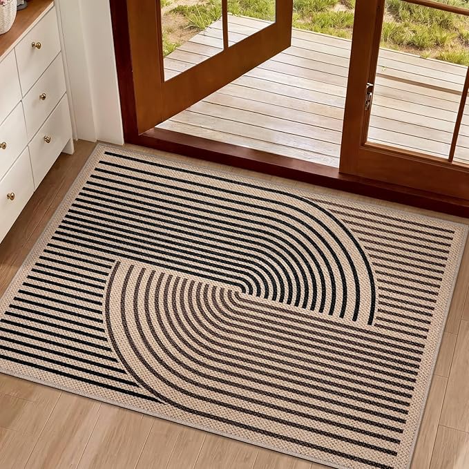 Tangsoo Rainbow Easy Jute Rug,2x3 Washable Small Area Rug for Entryway Non-Slip Ultra Thin Brown Black Outdoor Mat Modern Farmhouse Carpet for Entrance Kitchen Bedroom Front Porch Patio