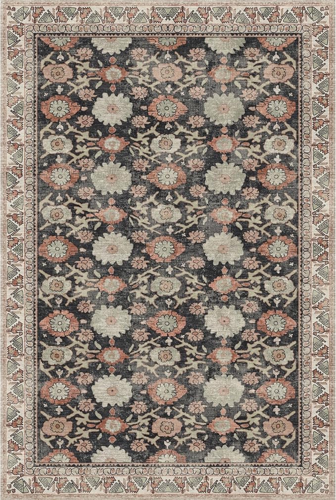 Kuden 8x10 Large Area Rug, Machine Washable Area Rug with Non-Slip Backing, Vintage Style, Soft, Easy Clean, Low Pile Rug for Living Room, Bedroom, Dining Room