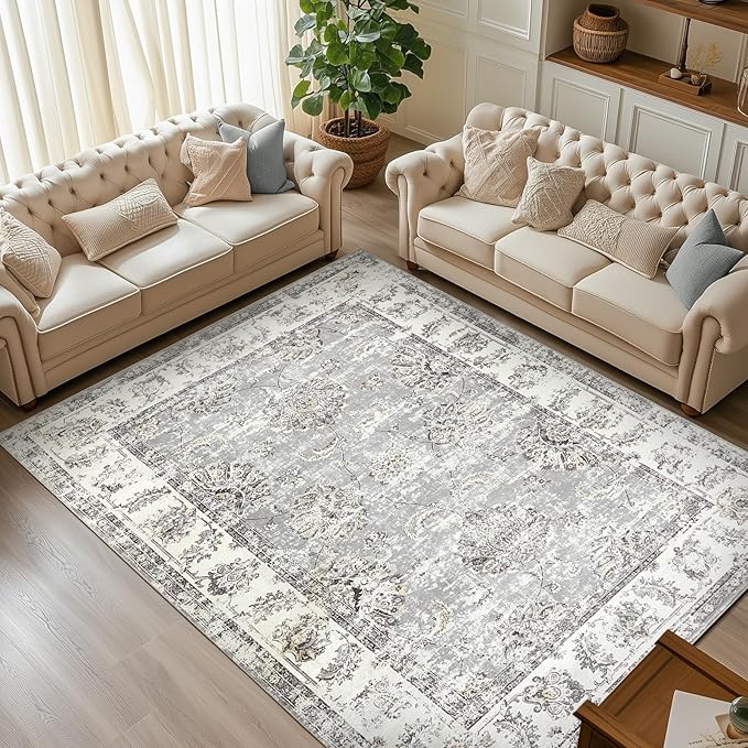 jinchan 9x12 Area Rugs for Living Room - Machine Washable Vintage Floral Distressed Design Stain Resistant Carpet Low Pile Non-Slip Large Rug for Bedroom Dining Room Home Office (9‘x12', Grey)