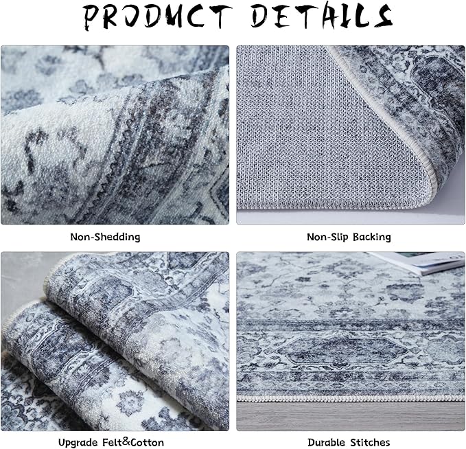 Rugcomf Runner Rug 2'x6' Hallway Washable Boho Soft Area Rug Non-Slip Non-Shedding Faux Wool Vintage for Kitchen, Entryway, Laundry, Bedroom, Indoor (Grey and White)