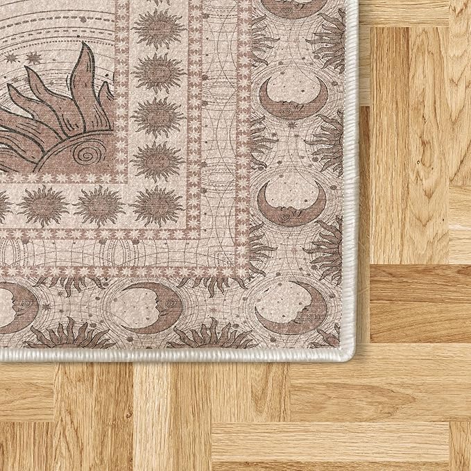 Ambesonne Sun and Moon Decorative Rug, Bohemian Artwork Design of Crescent Solar Ornament Esoteric Stars Ornament, Quality Carpet for Bedroom Dorm and Living Room, 2' 2" x 3' 7", Pale Chocolate