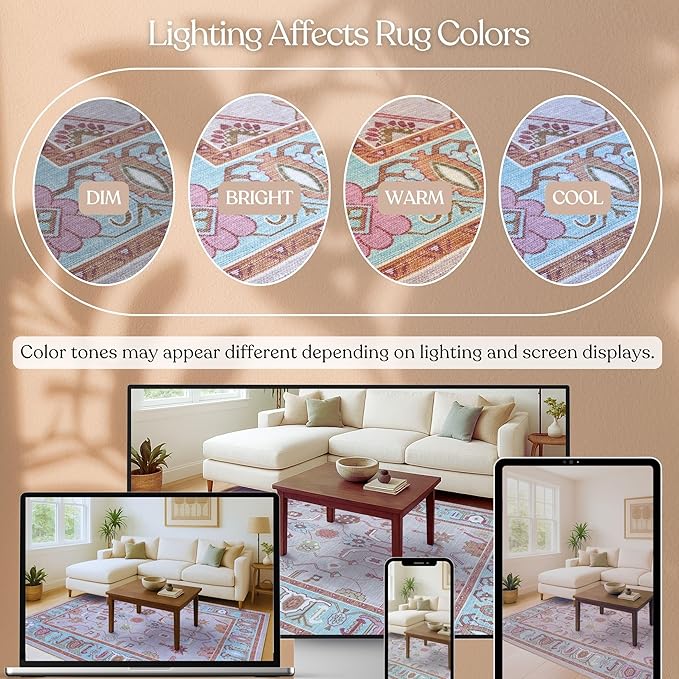 Fame Living Pink Oushak Rug, Modern, Vintage, Turkish, Eclectic, Floral, Pastel, Washable, Area Rugs for Living Room, Dining, Bedroom, Nursery, Girls, Boys, 5'9"x8'9"