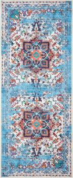 GLN Rugs Traditional Collection - Machine Washable Area Rug, Traditional Washable, Non Slip, Low Pile Chenille Rug, Living Room, Bedroom, Kitchen Rug (2'6" x 10' Blue/Multicolor)