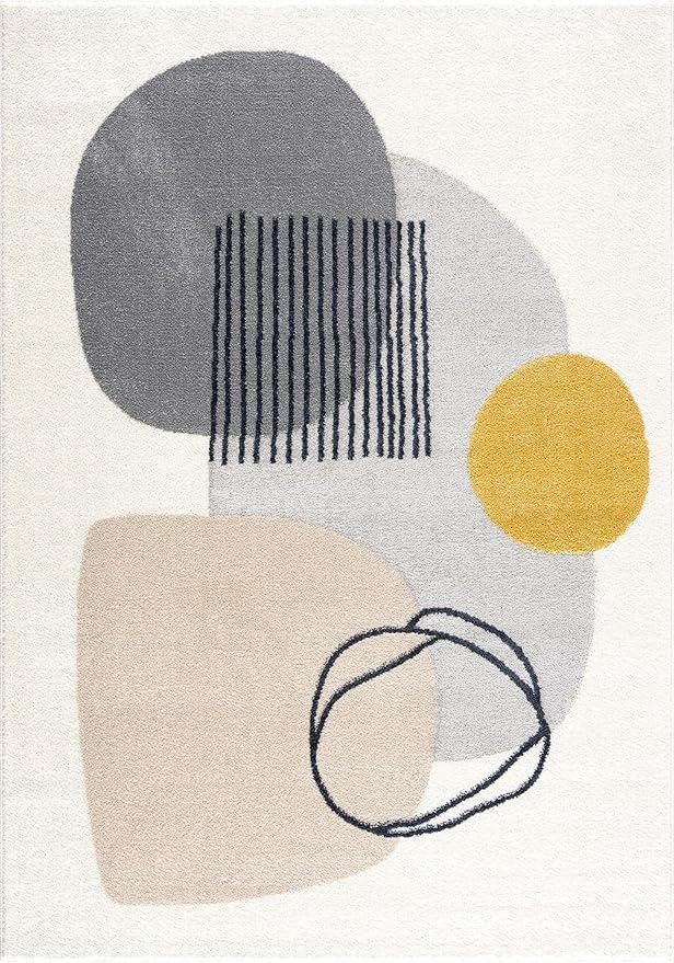 Abani Rugs Cream and Gray 4 ft. X 6 ft. Mid-Century Rug with Circles and Lines. Neutral Tones of Cream, Gray and a pop of Yellow. Minimalistic Design Turkish Stain Resistant Area Rug.