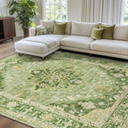 Area Rugs 7'x9' Washable Non-Slip, Floral Vintage Distress Print Pattern Medallion Carpet for Living Room Bedroom Dining Room, Sage Green Yellow