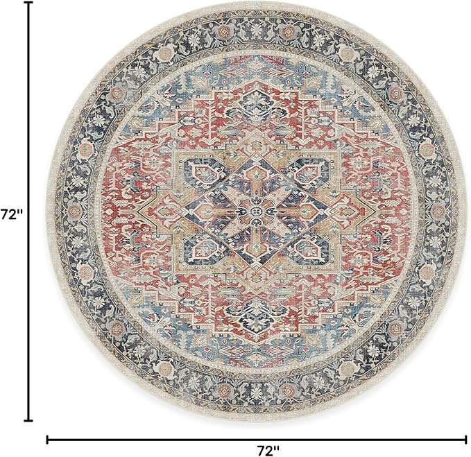 RUGGABLE Washable Vintage Area Rug – Kamran Cayenne Red 6 ft Round, Stain-Resistant, Non-Slip – Medium Machine Washable Rugs for Living Room, Bedroom, Hallway, Entryway & Office–with Cushioned Pad
