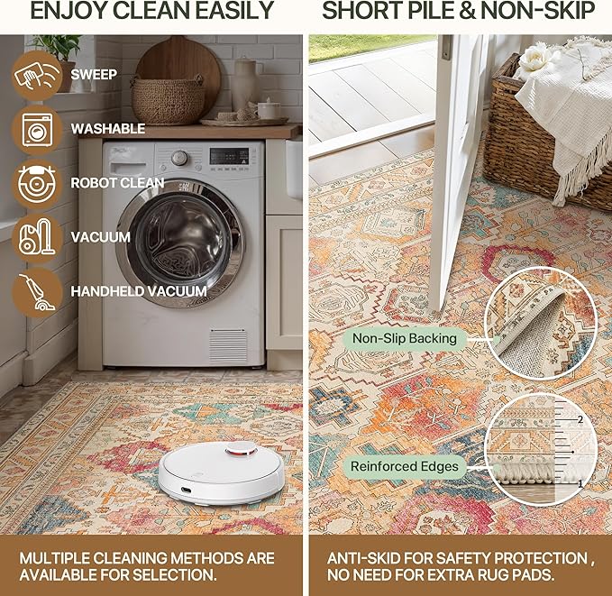 Bavni Washable Rug 5x7 Area Rug for Living Room Bedroom Dining, Washable Vintage Print Carpet, Ultra-Thin Chenille Low Pile Lightweight Rug with Non Slip Backing, Retro Multi