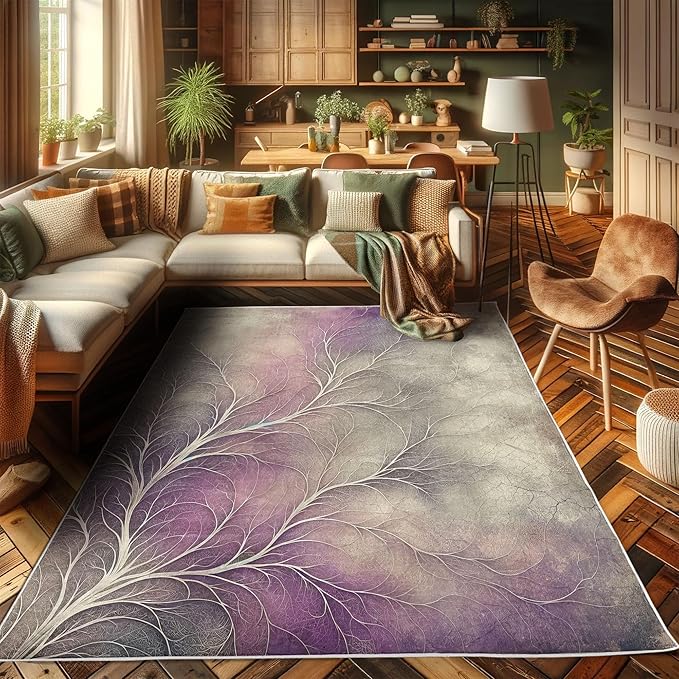 Ambesonne Branches Decorative Rug, Modern Abstract Concept Dreamy Clouds Back Leafless Tree Silhouette, Quality Carpet for Bedroom Dorm and Living Room, 4' X 5' 5", Pale Purple Grey Mauve