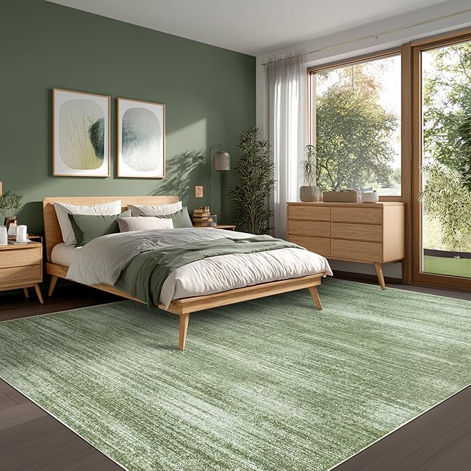 Abstract Neutral Area Rugs for Living Room Olive Green Nursery 5x8 Rug Non Slip Washable Low Pile Floor Covering Carpet for Playroom Bedroom Loden Green