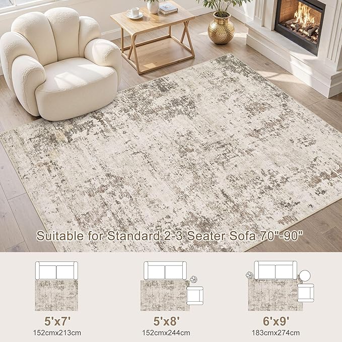 6x9 Area Rug Living Room Rugs - Washable Neutral Modern Abstract Soft Thin Large Rug Indoor Floor No Slip Rug Carpet for Bedroom Under Dining Table Home Office Decor - Dark Brown