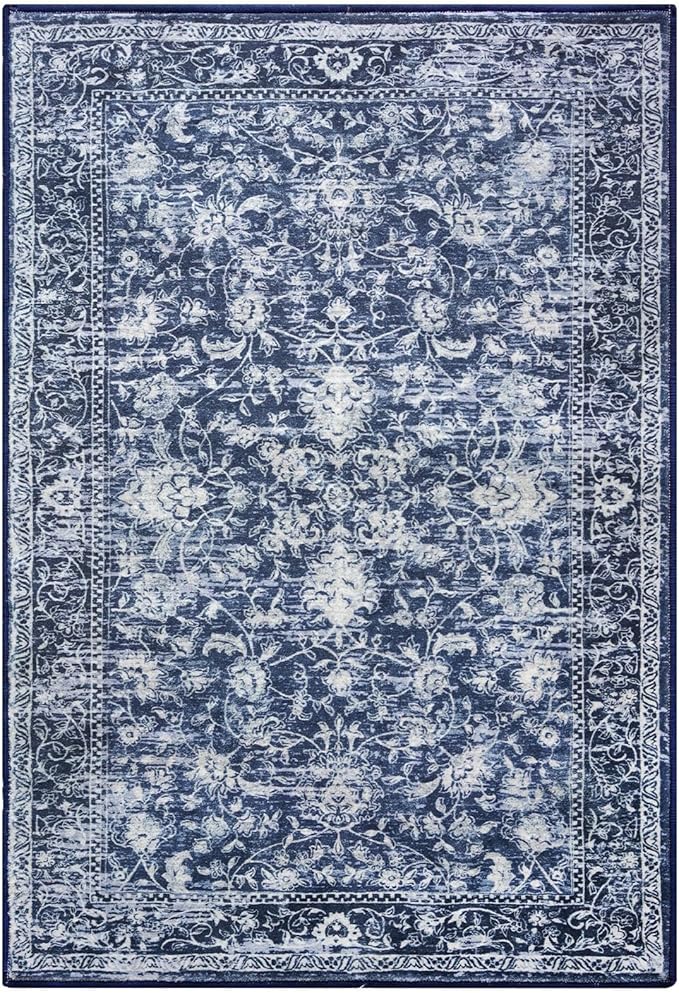 KILOCOCO Washable Rug 2x3 Rug for Entryway Printed Vintage Floral Soft Non-Slip Blue Kitchen Rugs Indoor Door Mat, Small Accent Throw Rugs for Laundry Room Bedroom Entrance