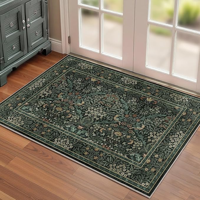 2x3 Floral Washable Area Rug for Living Room, Vintage Boho Rug for Bedroom Dining Room， Distressed Botanical Birds Non Slip Low Pile Forest Animal Throw Carpet for Farmhouse Office, Dark Green
