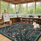 6x9 Area Rugs for Living Room: Floral Washable Rug Vintage Large Soft Boho Non-Slip Carpet Indoor Stain Resistant Thin Carpets for Bedroom Dining Room Farmhouse Nursery Hallway Home Office Dark Green