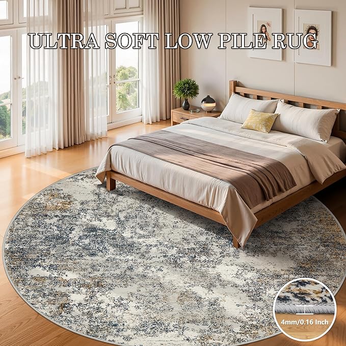 8ft Washable Round Rug - 8x8 Area Rugs Modern Abstract Rugs for Living Room Non-Slip Low Pile Soft Machine Washable Carpet for Bedroom, Living Room, Dining Room, Nursery, Farmhouse (8'x8' Tan Blue)