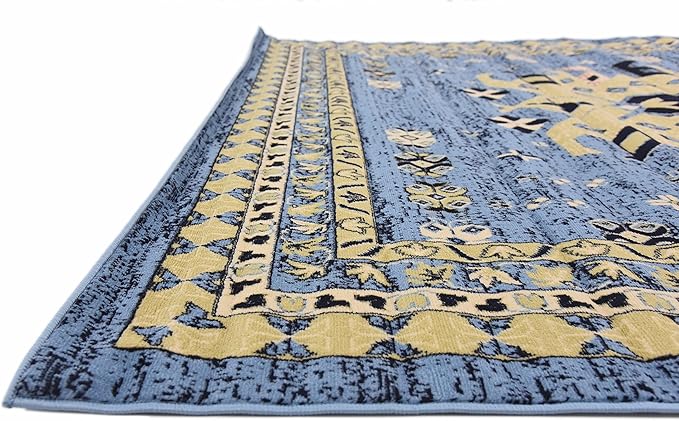 Unique Loom Taftan Collection Border Geometric Tribal Inspired Design Area Rug, 8 ft, Light Blue/Gold