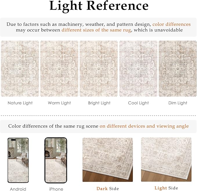 HUGEAR Area Rug 8x10 Vintage Beige Machine Washable Living Room Rugs Thin Neutral Floral Vacuumable Low Pile Carpet Bedroom Office Dining Room Laundry Room Non Slip Soft Lightweight