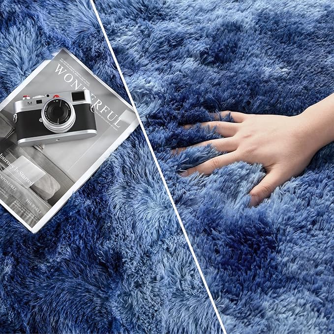 Large Shag Area Rugs 6 x 9, Plush Fuzzy Rugs for Living Room, Ultra Soft Fluffy Furry Rug for Bedroom, Indoor Carpet Nursery Rugs for Kids Room Home Decor, Tie-Dyed Navy Blue