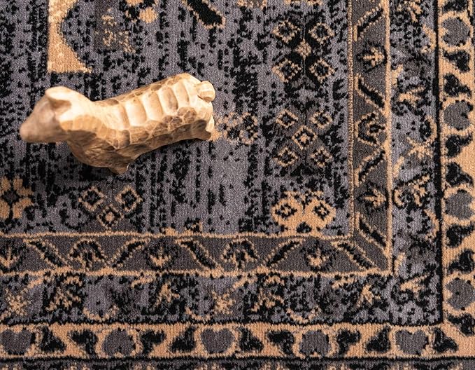 Unique Loom Taftan Collection Border Geometric Tribal Inspired Design Area Rug (9' 0 x 12' 0 Rectangular, Gray/ Black)