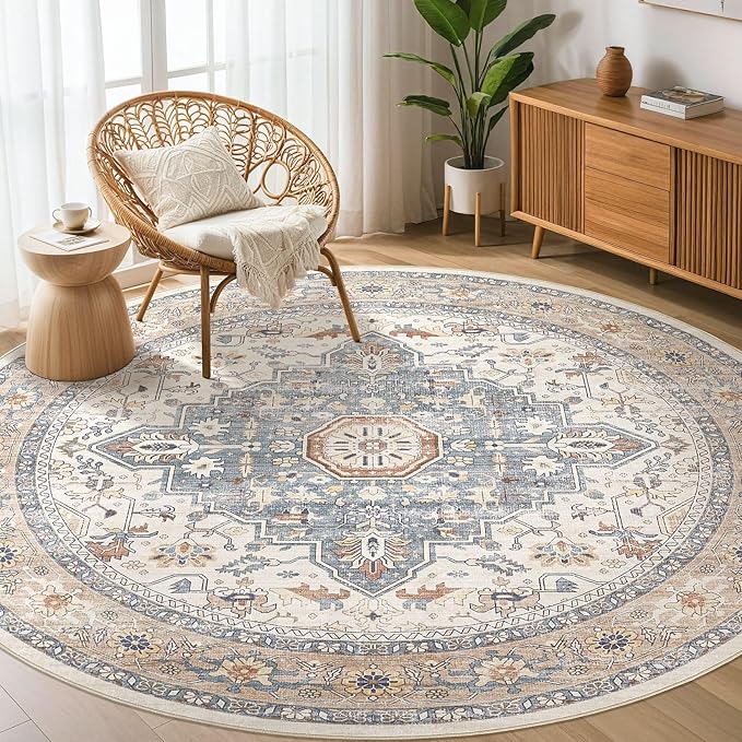 Round Rug Living Room Rugs: 8Ft Washable Boho Neutral Large Circle Soft Indoor Distressed Stain Resistant Floor Farmhouse Carpet for Bedroom Nursery Kids Playroom Office Dining Room Dorm- Beige Blue