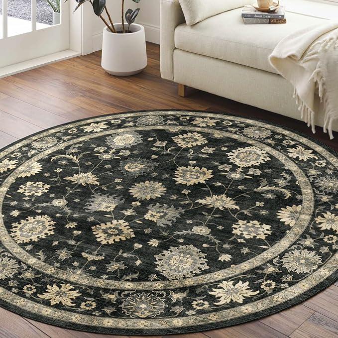 Washable Round Area Rug 6ft - Charcoal Black Traditional Floral Living Room Circle Rug Non-Slip Farmhouse Dining Room Carpet Soft Vintage Boho Round Rugs for Bedroom Office Entryway