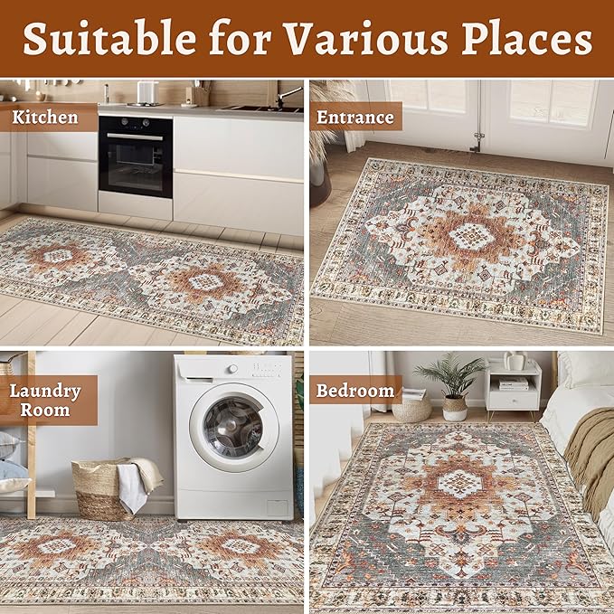 Tangsoo 2x6 Washable Runner Rug for Hallways, Non Slip Vintage Rugs, Soft Low Pile Long Rug, Print Distressed Turmeric Carpet Runners for Kitchen Bedroom Entryway Bathroom Living Room