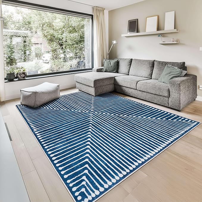 GLN Rugs Contemporary Collection - Machine Washable Area Rug, Contemporary Washable, Non Slip, Low Pile Chenille Rug, Living Room, Bedroom, Kitchen Rug (5' x 7' Lines Blue)