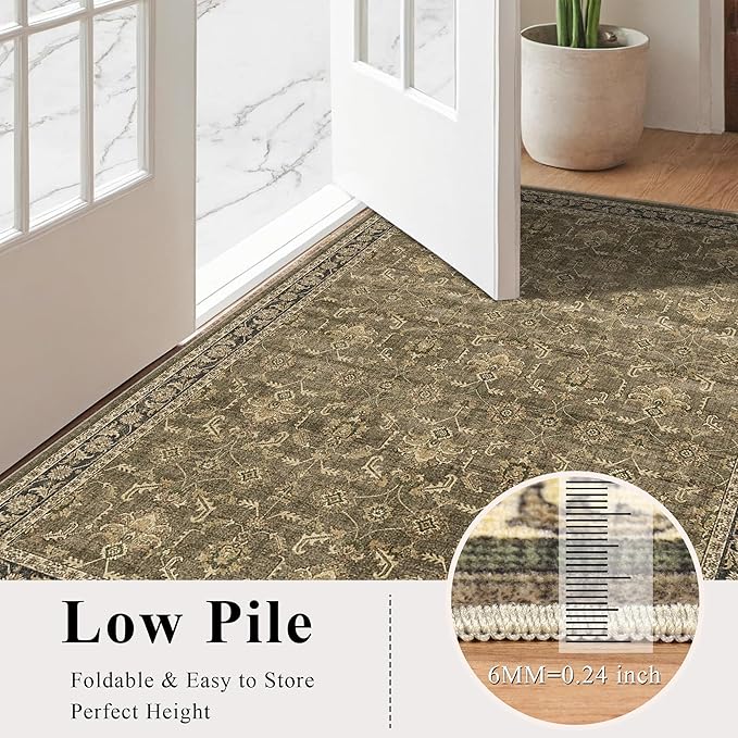 Washable Area Rug 9x12 Brown Rugs for Living Room, Vintage Boho Large Rug for Bedroom Dining Room Office, Distressed Floral Print Carpet for Under Table, Soft Non Slip Low Pile Throw Carpet Indoor Mat
