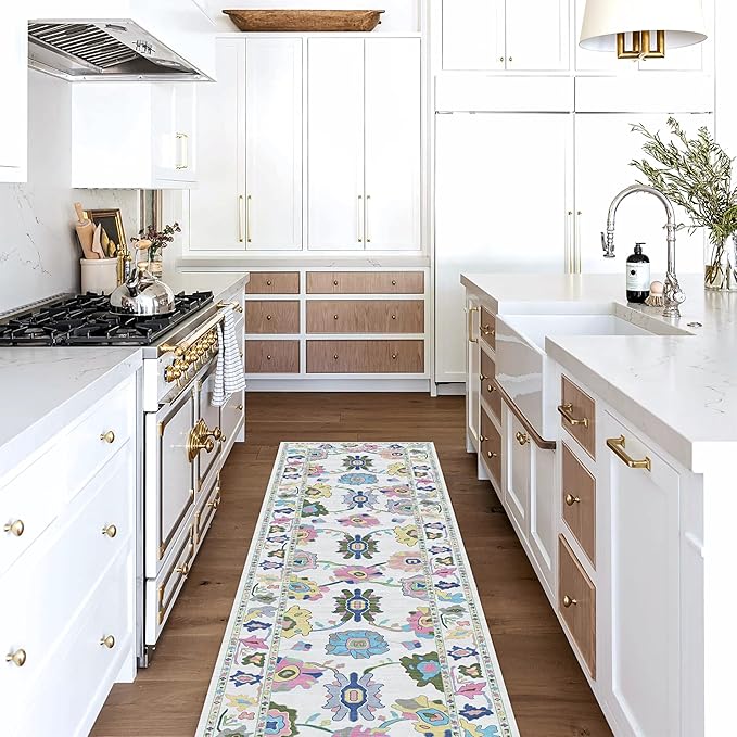 Fame Living Colorful Oushak Runner Rug, Modern Runners, Vintage, Turkish, Eclectic, Floral, Pastel, Washable, Runner for Hallway, Kitchen, Bedroom, Bathroom, 2'5"x9'8"