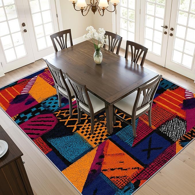 Geometric Area Rugs - Abstract Patchwork Ethic Rug 4x5, Multicolor Retro Aesthetic High Traffic Shed Resistant Carpets Room Decor #C017