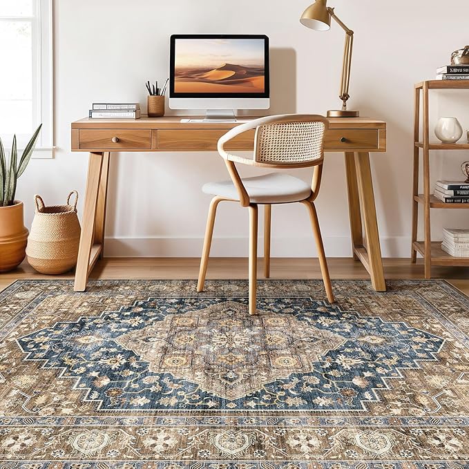 9x12 Area Rug Living Room: Washable Boho Large Neutral Vintage Soft Rugs Stain Resistant Farmhouse Non-Slip Indoor Floor Carpet for Bedroom Nursery Kids Office Dining Room Playroom- Yellow Blue