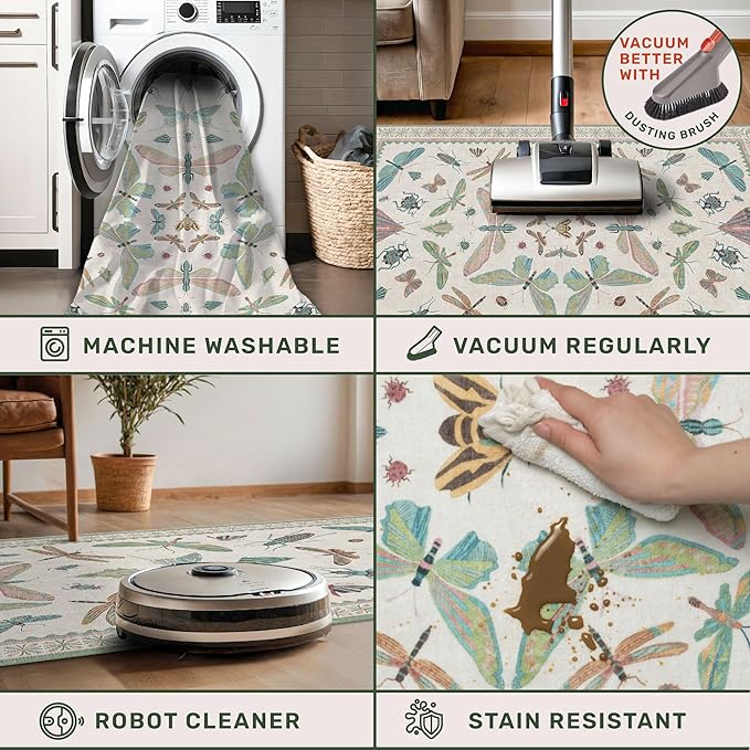 Green and Blue Insect 6ft Round Soft Rugs for Nursery, Bedroom Beside Bed - Non Skid Rug Low Pile Washable Living Room Rugs, Forest Butterfly Design Stain Resistant Home Décor