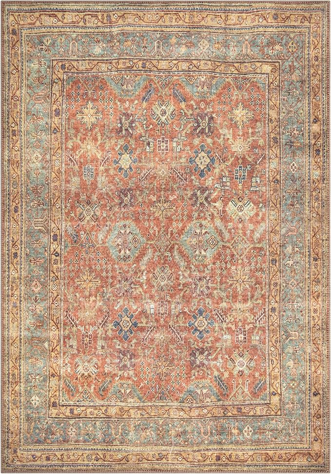 Bloom Rugs Washable Non-Slip 6' x 9' Rug - Terracotta/Mustard Traditional Area Rug for Living Room, Bedroom, Dining Room, and Kitchen - Exact Size: 6' x 9'
