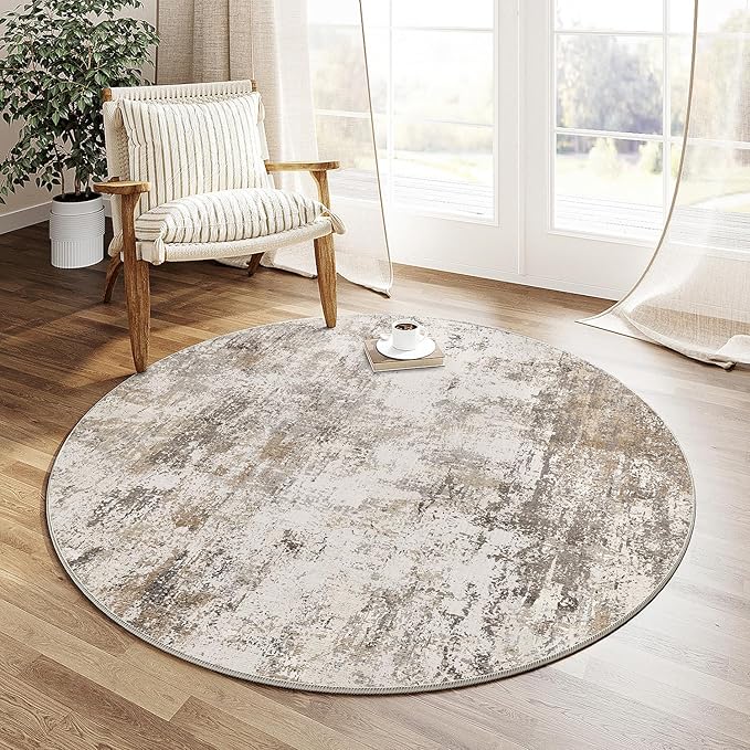 5x5 Washable Round Rug Brown Grey Abstract Living Room Bedroom Area Rug Neutral Modern Non Slip Soft Low Pile Indoor Carpet for Dining Room Office Entryway