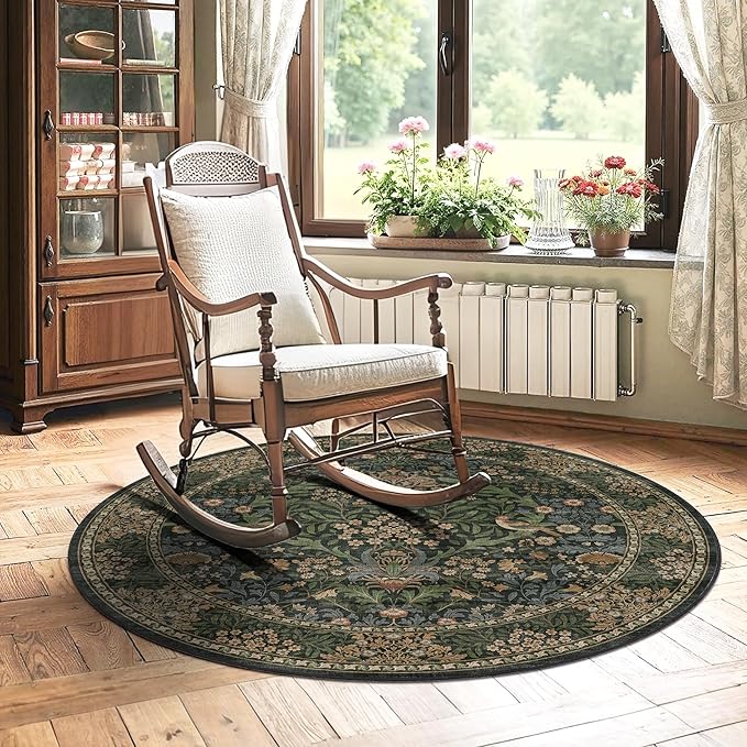 4ft Round Area Rugs for Living Room, Washable Floral Circle Rug Non Slip Low Pile, Vintage Boho Botanical Birds Throw Carpet for Farmhouse, Bedroom, Dining Room, Retro Gold/Green