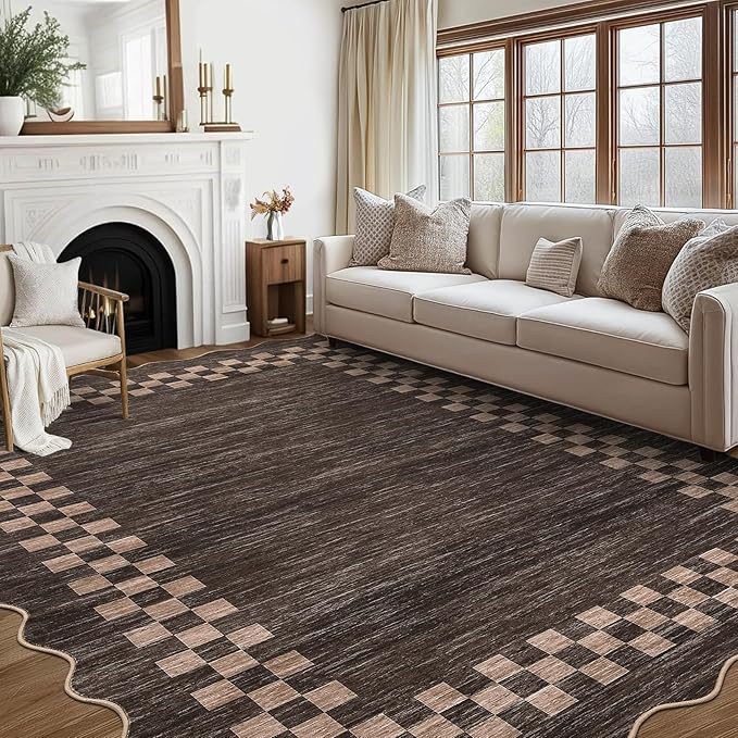 GarveeHome 10x13 Area Rug Large Living Room Scalloped Rug Non Slip Low Pile Bedroom Throw Carpet Soft Modern Bordered Dining Room Rug Stain Resistant Boho Carpet for Home Office, Brown