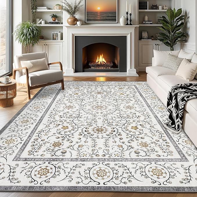 GarveeHome Boho 8x10 Area Rugs for Living Room, Floral Vintage Rugs for Bedroom with Soft Low Pile, Non Slip Stain Resistant Washable Rug 8x10 for Dining Room Grey Large Carpet for Office Playroom