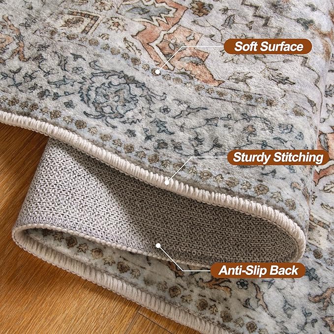 Tangsoo 2x5 Washable Runner Rug for Hallways, Non Slip Vintage Runner, Soft Low Pile Long Rug Runner, Print Distressed Grey Carpet Runners for Kitchen Bedroom Entryway Bathroom Living Room