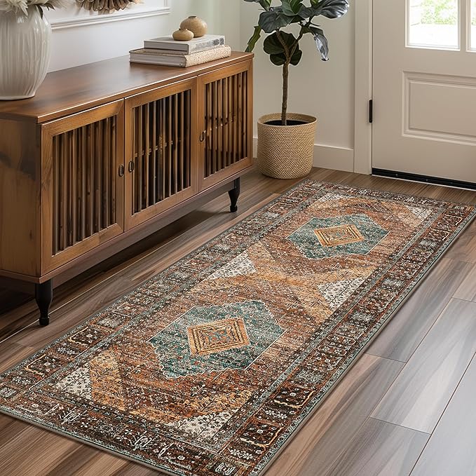 Bavni Runner Rug 2x6 Kitchen Rugs for Hallways Entryway, Washable Print Carpet, Low Pile Lightweight Rug with Non Slip Backing, Vintage Brown/Blue