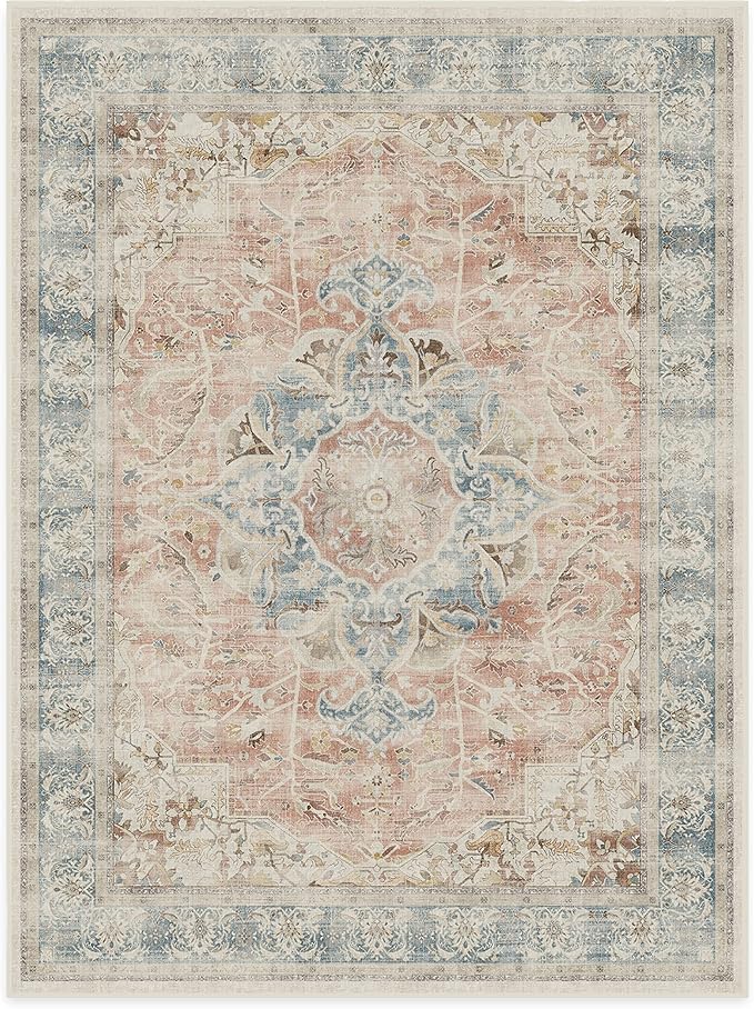 RUGGABLE Washable Vintage Area Rug – Sarrah Coral 9x12, Stain-Resistant, Non-Slip – Large Machine Washable Rugs for Living Room, Bedroom, Hallway, Entryway & Office–with Standard Pad