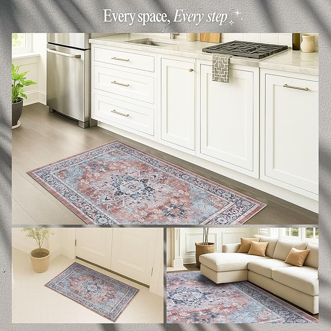 Fame Rugs Turkish Rug. Washable Vintage Oriental Antique Inspired Traditional Doormat Small Modern Area Rugs Luxury Entryway Entry Bedroom Bathroom Kitchen (401TB, 2' x 3')