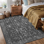 Washable Area Rug 5x7 Black Rugs for Living Room, Vintage Boho Large Rug for Bedroom Dining Room Office, Distressed Floral Print Carpet for Under Table, Soft Non Slip Low Pile Throw Carpet Indoor Mat