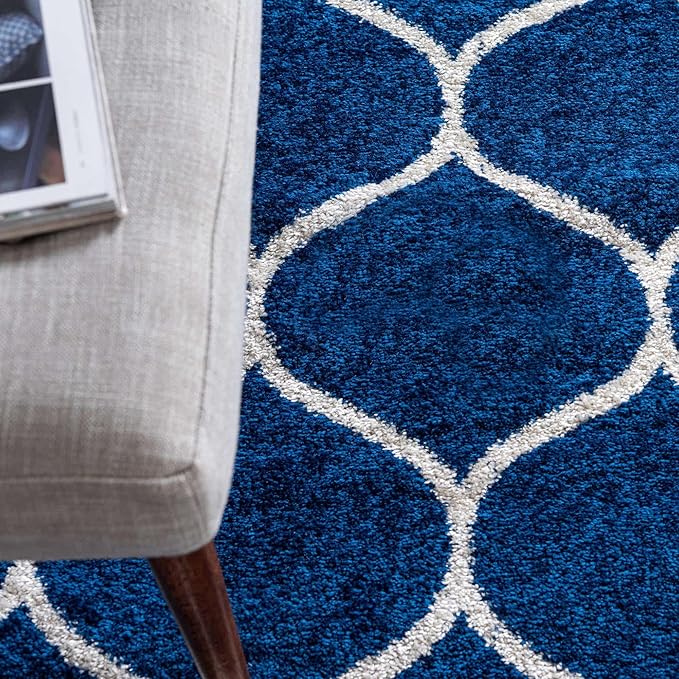 Rugs.com Lattice Frieze Collection Rug – 7' Square Navy Blue Medium Rug Perfect for Living Rooms, Kitchens, Entryways
