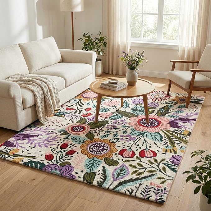 Hand-Tufted Floral Area Rug - Colorful Garden Design with Beautiful Flower Patterns - Modern Style Premium Carpet for Living Room & Bedroom or Kitchen (4'x6')