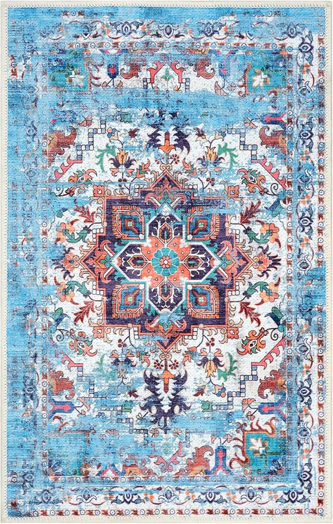 GLN Rugs Traditional Collection - Machine Washable Area Rug, Traditional Washable, Non Slip, Low Pile Chenille Rug, Living Room, Bedroom, Kitchen Rug (2' x 3' Blue/Multicolor)
