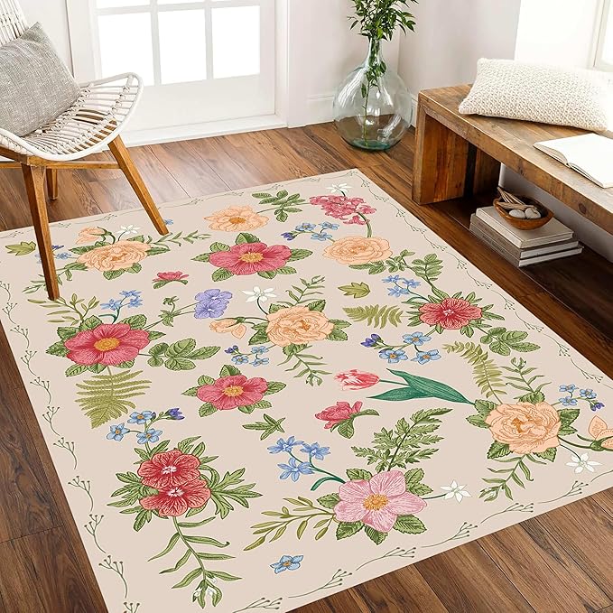 Rustic Flower Area Rug, 5x8ft, Classic Colorful Bohemian Floral Pattern with Beige Large Hall Botanical Rug, Non Slip No Crease Easy Care Girls Room Decor Carpet for Relax Room Bedroom